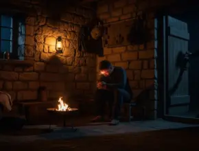 book of first peter. Early Christian believer praying by firelight in first-century Israel, symbolizing tested faith