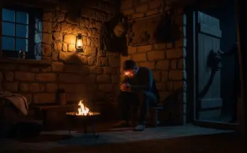 book of first peter. Early Christian believer praying by firelight in first-century Israel, symbolizing tested faith