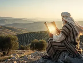 book of psalms. Ancient psalmist reflecting on God’s wisdom at sunrise