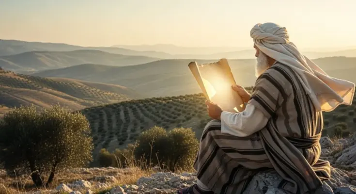 book of psalms. Ancient psalmist reflecting on God’s wisdom at sunrise