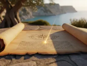 book of titus outline. Scroll laying open in the morning sun. Breezy cool day for prayer in the shade.