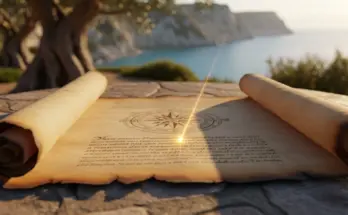 book of titus outline. Scroll laying open in the morning sun. Breezy cool day for prayer in the shade.