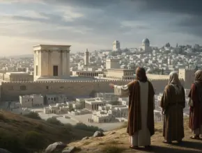 matthew 24 for beginners. Jesus and the disciples looking at the temple from the mount of olives.