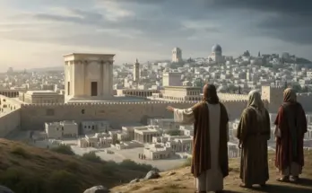 matthew 24 for beginners. Jesus and the disciples looking at the temple from the mount of olives.