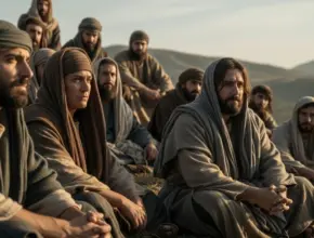 Jesus teaching a reflective crowd in Galilee, illustrating the parable of the speck and the log through conviction and humility rather than confrontation.
