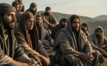 Jesus teaching a reflective crowd in Galilee, illustrating the parable of the speck and the log through conviction and humility rather than confrontation.