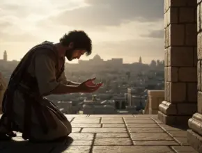 psalm 51 chapter outline. King David kneeling in prayer on a patio of the temple.