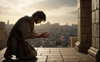 psalm 51 chapter outline. King David kneeling in prayer on a patio of the temple.