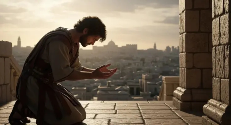 psalm 51 chapter outline. King David kneeling in prayer on a patio of the temple.