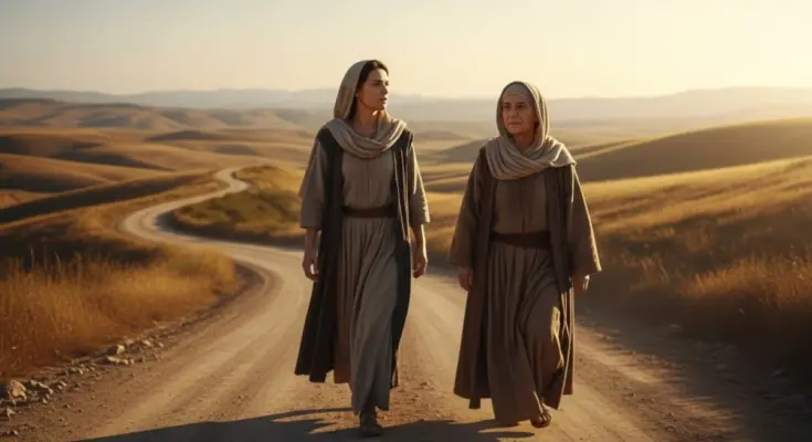 ruth and naomi walking down a dusty road
