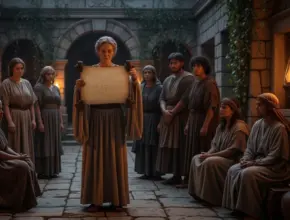 book of second john the elect lady goving instructions to the students in a stone courtyard.