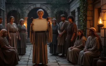 book of second john the elect lady goving instructions to the students in a stone courtyard.