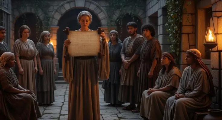 book of second john the elect lady goving instructions to the students in a stone courtyard.