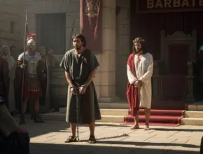 barabbas and jesus standing in front of pontius pilate