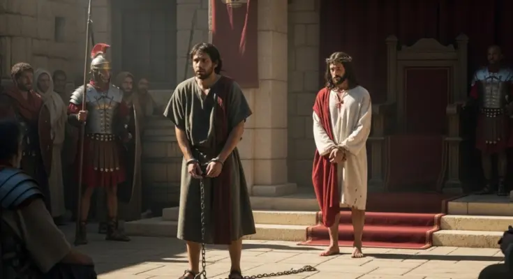 barabbas and jesus standing in front of pontius pilate