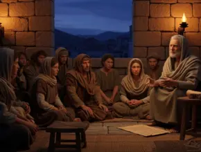 book of first john. John is teaching disciples of jesus in someones home.