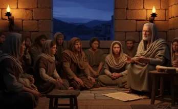 book of first john. John is teaching disciples of jesus in someones home.