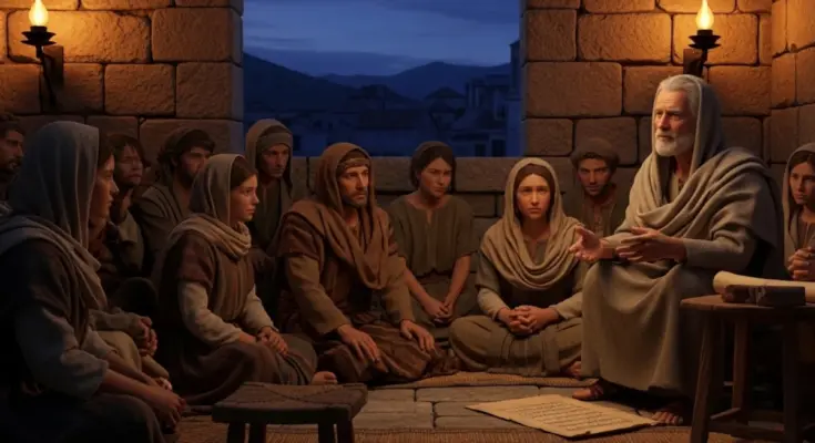 book of first john. John is teaching disciples of jesus in someones home.