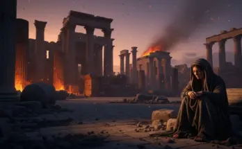 Jeremiah sitting in front of a buring and destroyed temple from the book of lamentations