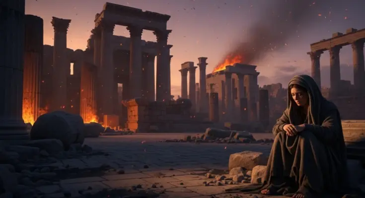 Jeremiah sitting in front of a buring and destroyed temple from the book of lamentations