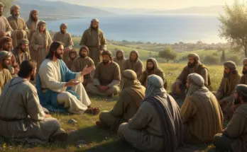 matthew 5 jesus teaching the people on a hillside on a bright sunny day.