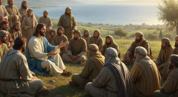 matthew 5 jesus teaching the people on a hillside on a bright sunny day.