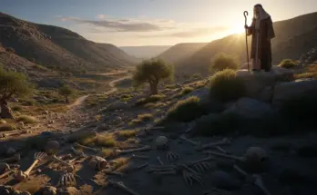 valley of dry bones. The prophet is overlooking the valley of dry bones in Ezekiel 37.
