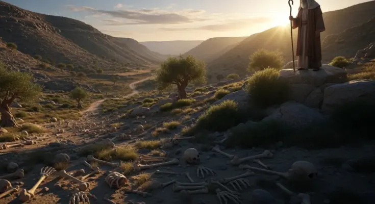 valley of dry bones. The prophet is overlooking the valley of dry bones in Ezekiel 37.