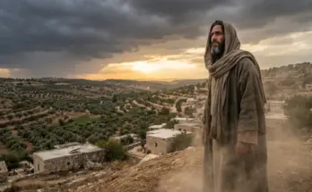 Prophet overlooking ancient Israel landscape at sunset representing the emotional message of the book of Hosea.