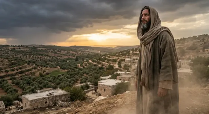 Prophet overlooking ancient Israel landscape at sunset representing the emotional message of the book of Hosea.