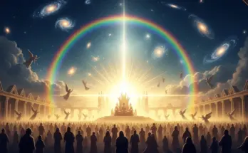 Cinematic depiction of the heavenly throne room from the book of Revelation with radiant light, an emerald rainbow, and worship surrounding God’s throne.